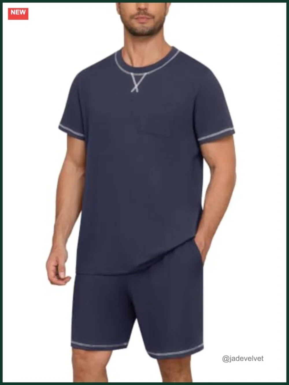 Men's Short Sleeve Pajama Set with Pockets Crew Neck Lounge Set